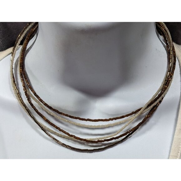 NY Earthy Glass Beaded Brown And White Layered Necklace - Picture 2 of 6